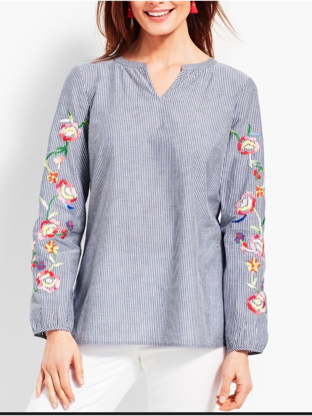 Talbots Striped Blue floral Embroidered Sleeve Women's popover Top medium NEW